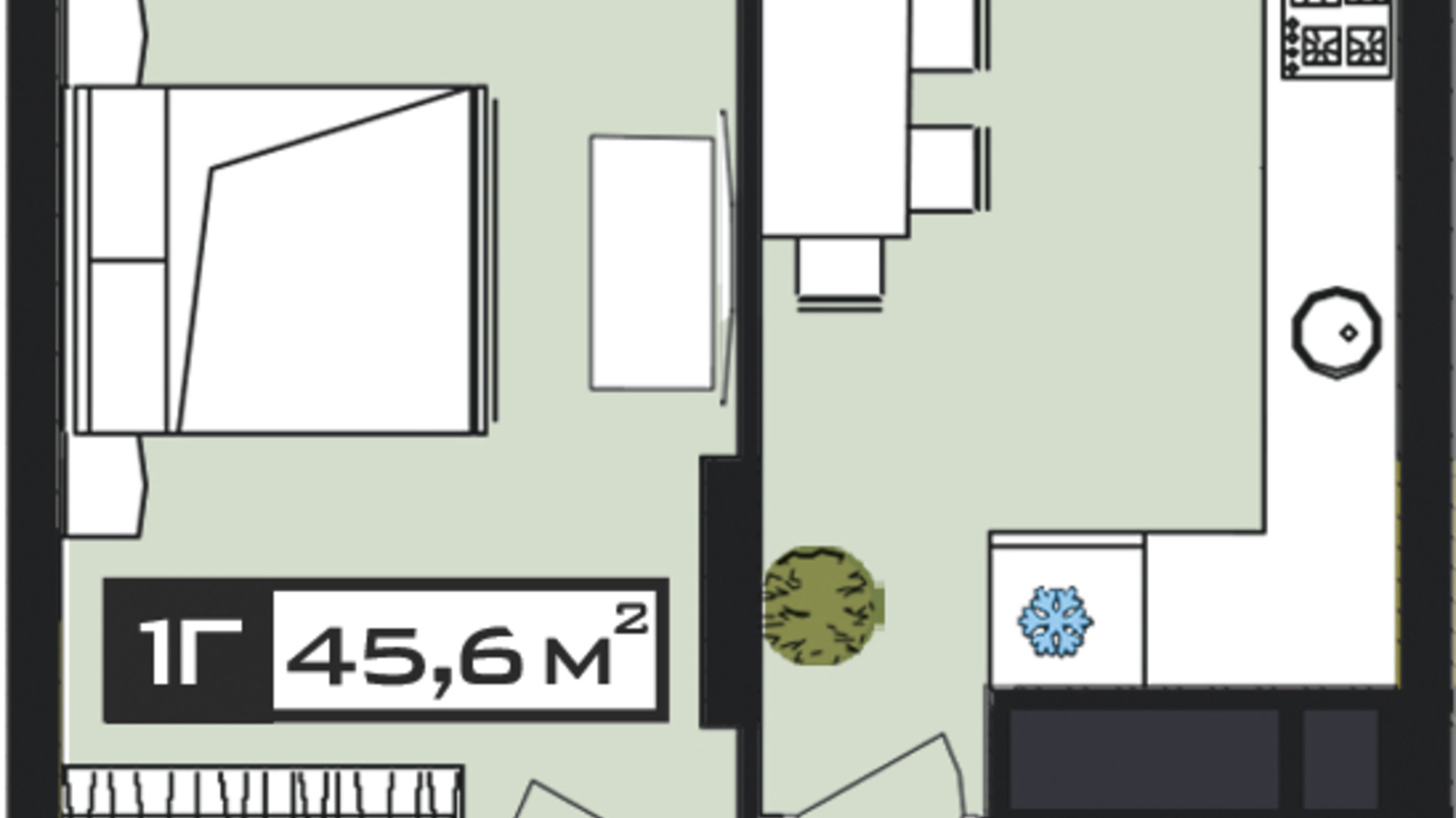 Планування 1-кімнатної квартири в ЖК Peyot 45.6 м², фото 506409