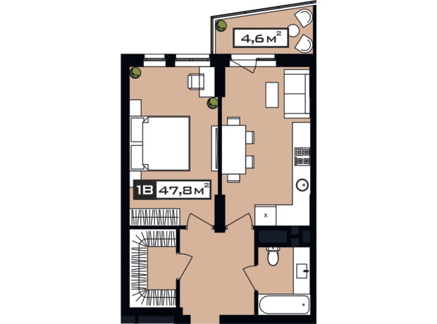ЖК Peyot: планування 1-кімнатної квартири 47.8 м²