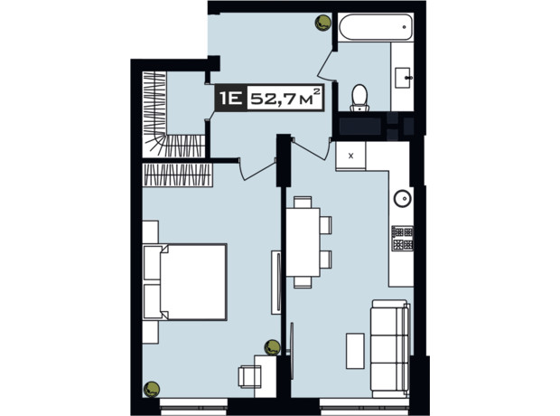 ЖК Peyot: планировка 1-комнатной квартиры 52.7 м²