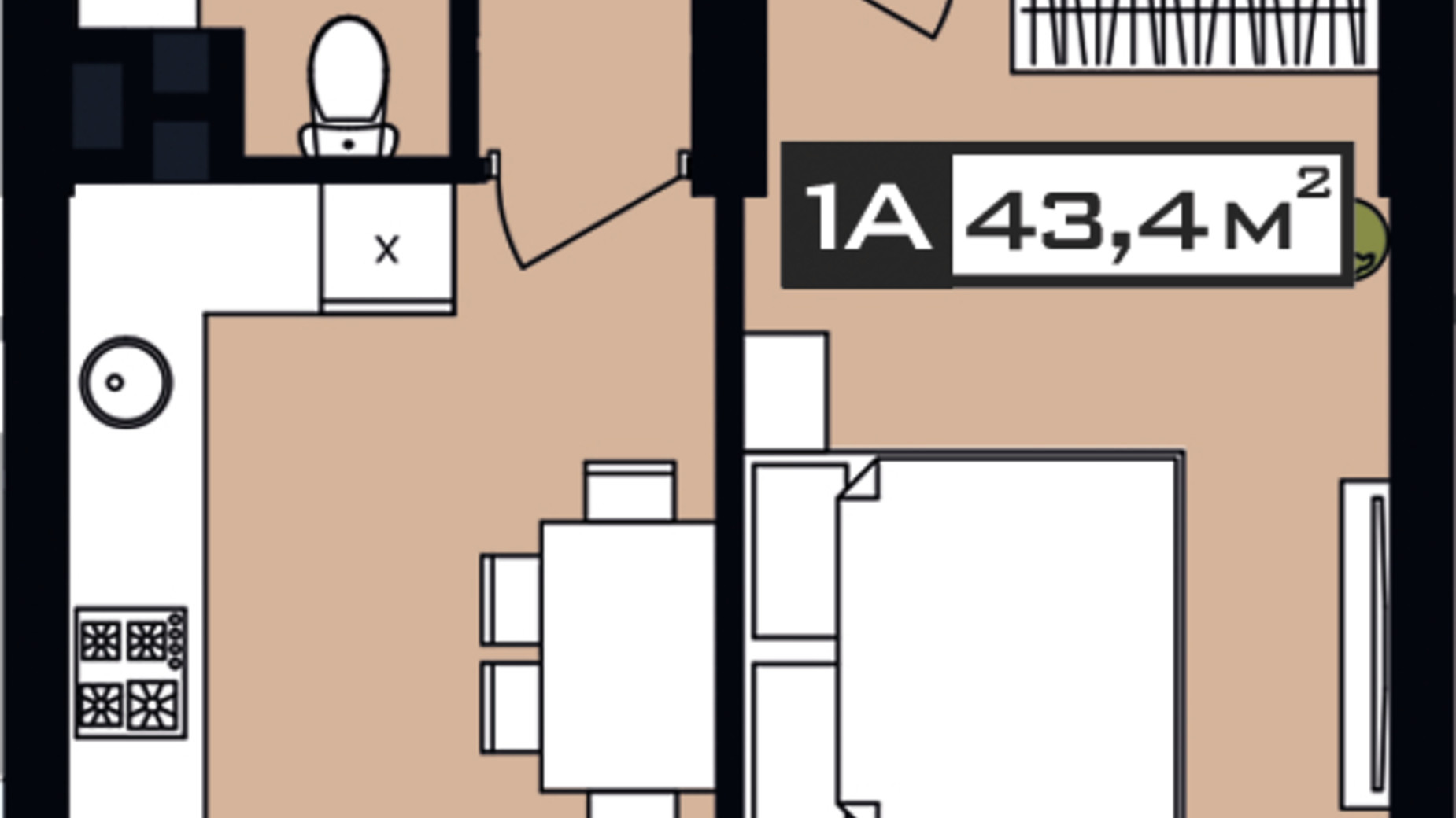 Планировка 1-комнатной квартиры в ЖК Peyot 43.4 м², фото 506435