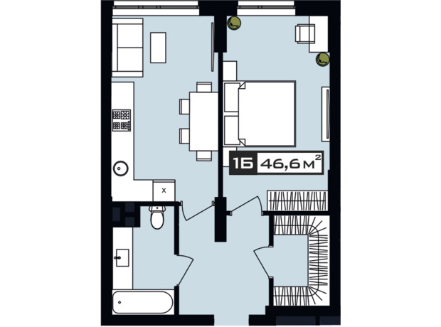 ЖК Peyot: планировка 1-комнатной квартиры 46.6 м²