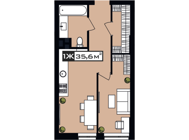 ЖК Peyot: планування 1-кімнатної квартири 35.6 м²