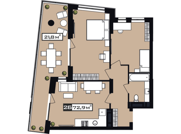 ЖК Peyot: планування 2-кімнатної квартири 81.3 м²
