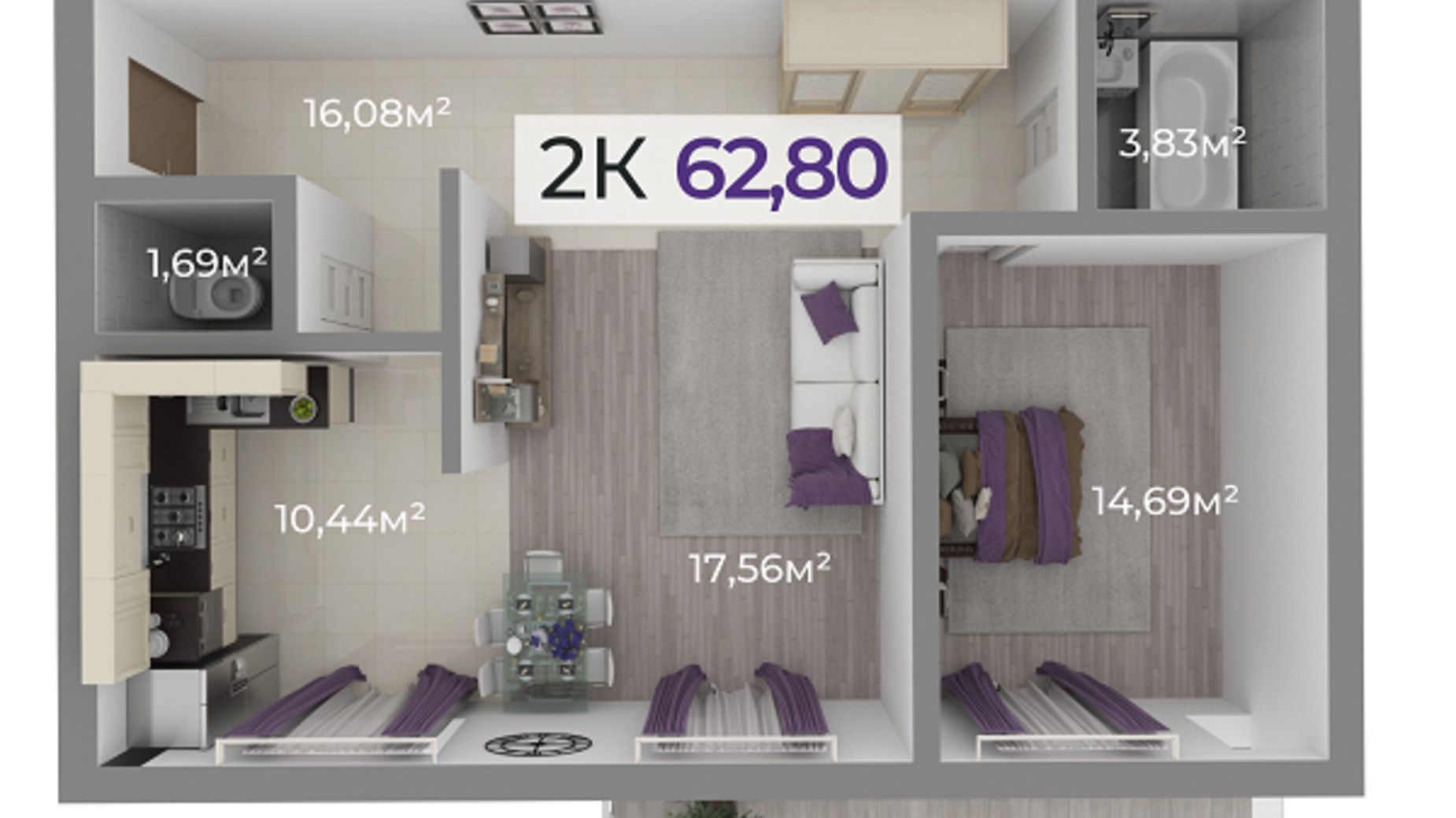 Планування 2-кімнатної квартири в ЖК Долішній 62.8 м², фото 506460