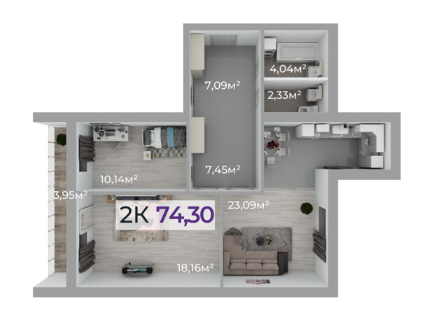ЖК Стожари: планування 2-кімнатної квартири 74.3 м²