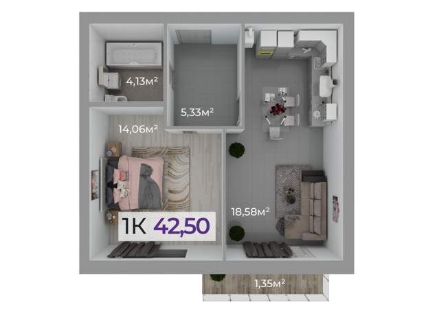 ЖК Стожари: планування 1-кімнатної квартири 42.5 м²