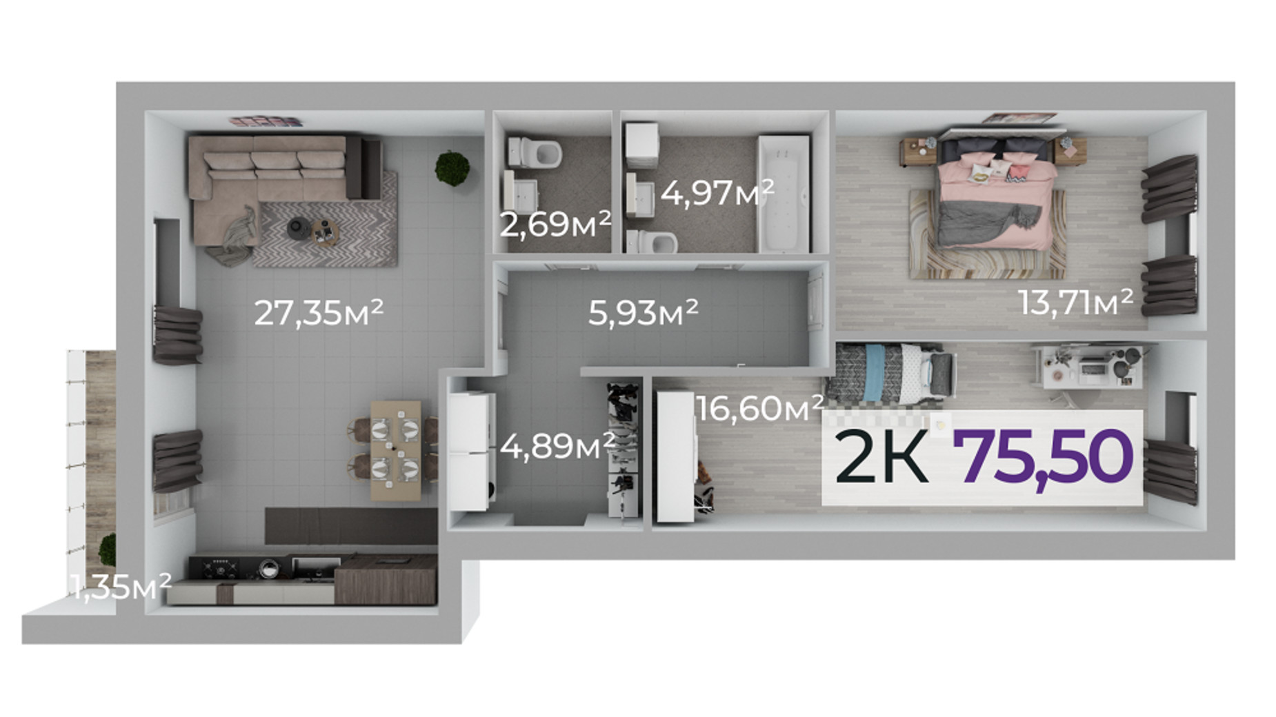 Планування 2-кімнатної квартири в ЖК Стожари 75.5 м², фото 506470