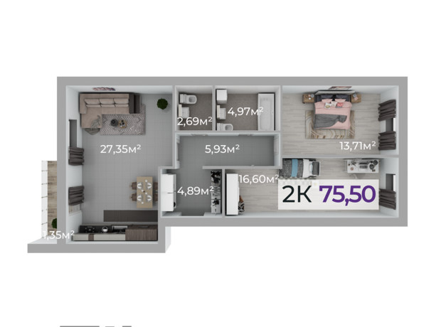 ЖК Стожари: планування 2-кімнатної квартири 75.5 м²