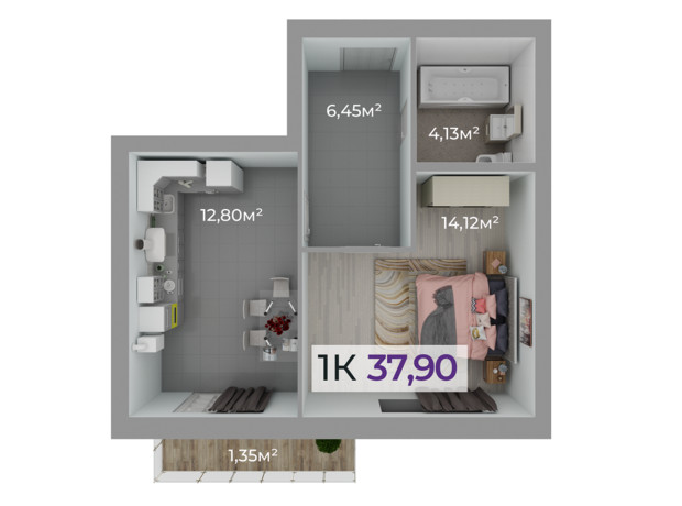 ЖК Стожари: планування 1-кімнатної квартири 37.9 м²