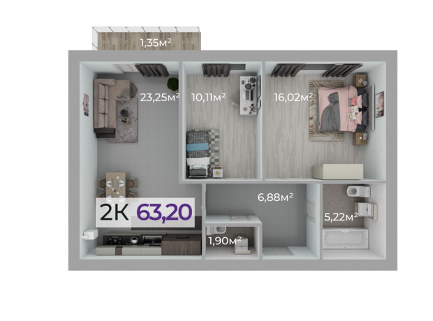 ЖК Стожари: планування 2-кімнатної квартири 63.2 м²
