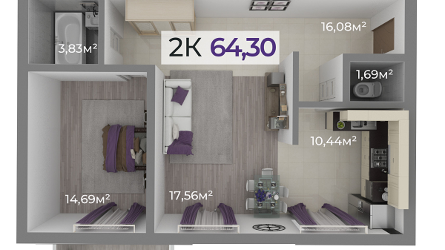 Планування 2-кімнатної квартири в ЖК Долішній 64.3 м², фото 506505