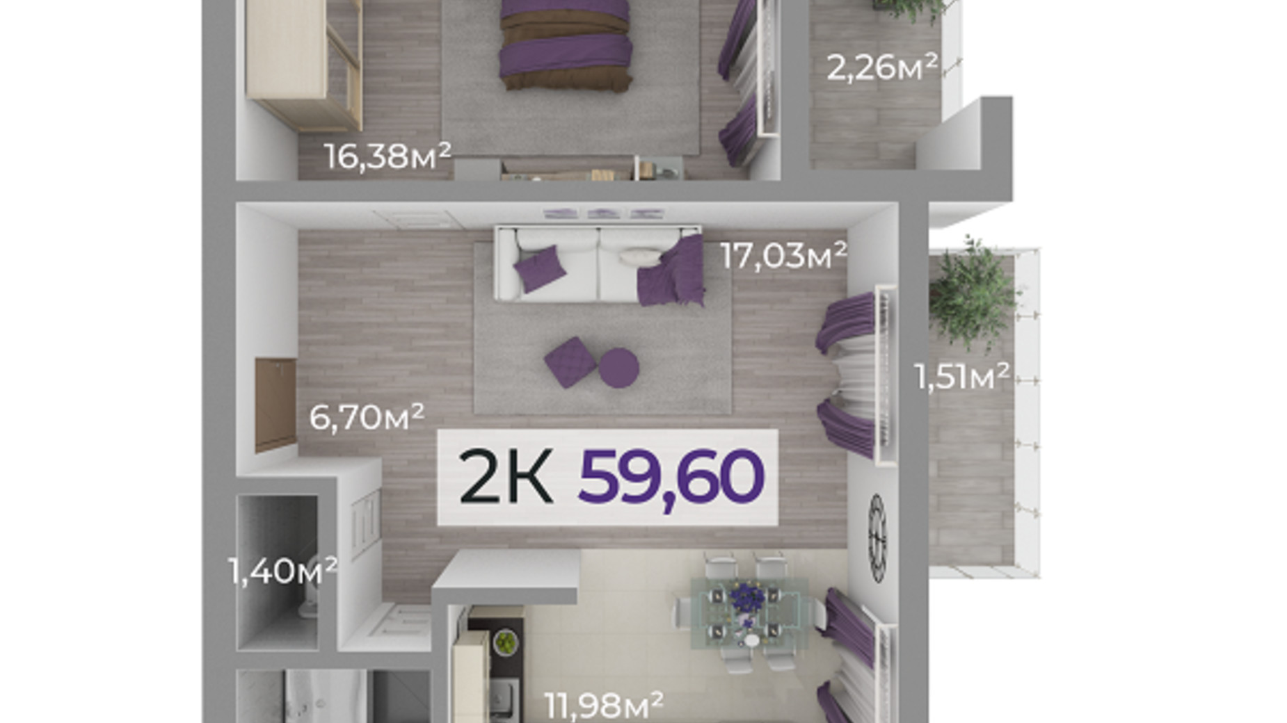 Планування 2-кімнатної квартири в ЖК Долішній 59.6 м², фото 506506