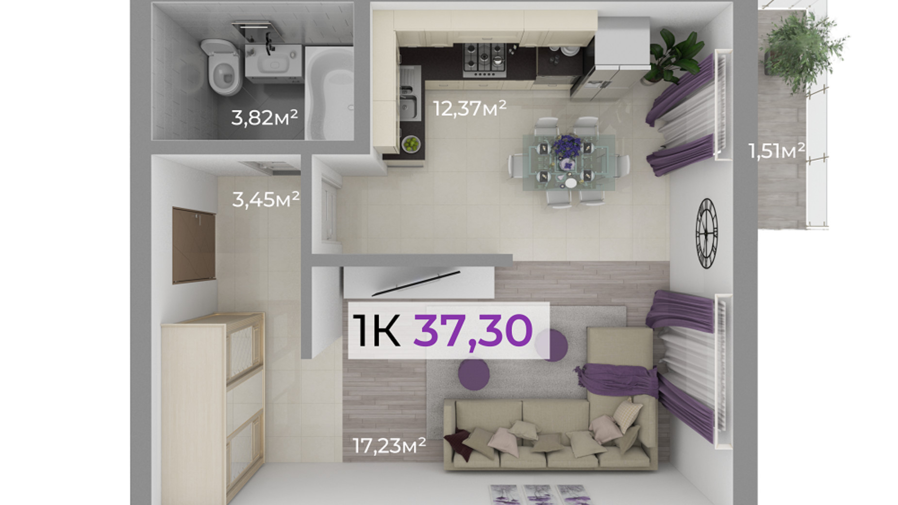 Планування 1-кімнатної квартири в ЖК Долішній 37.3 м², фото 506520