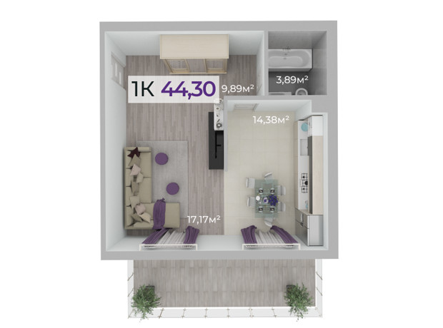 ЖК Долішній: планування 1-кімнатної квартири 48 м²