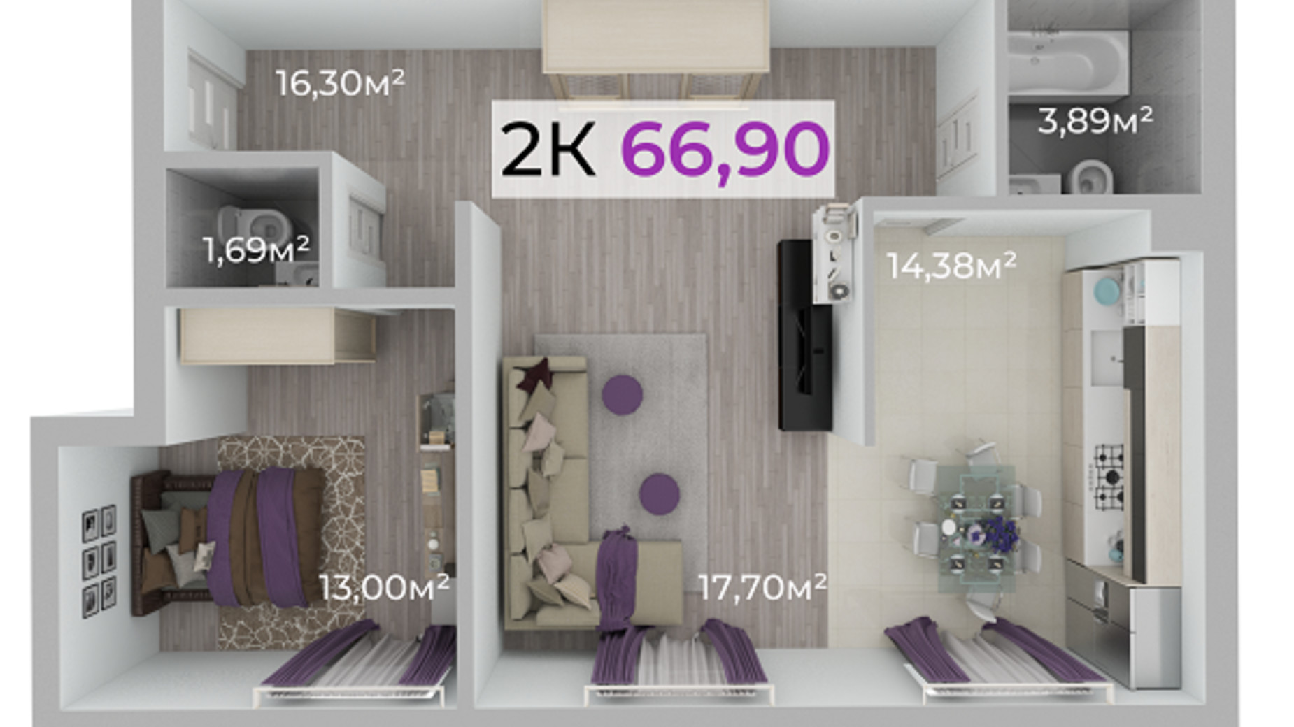 Планування 2-кімнатної квартири в ЖК Долішній 66.9 м², фото 506554