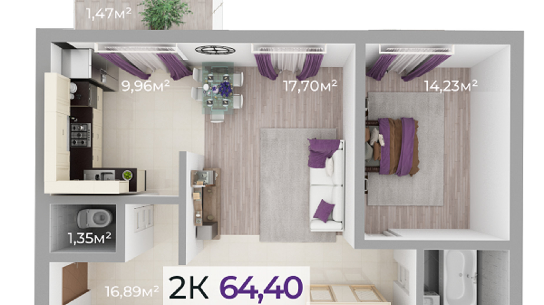 Планування 2-кімнатної квартири в ЖК Долішній 64.4 м², фото 506562