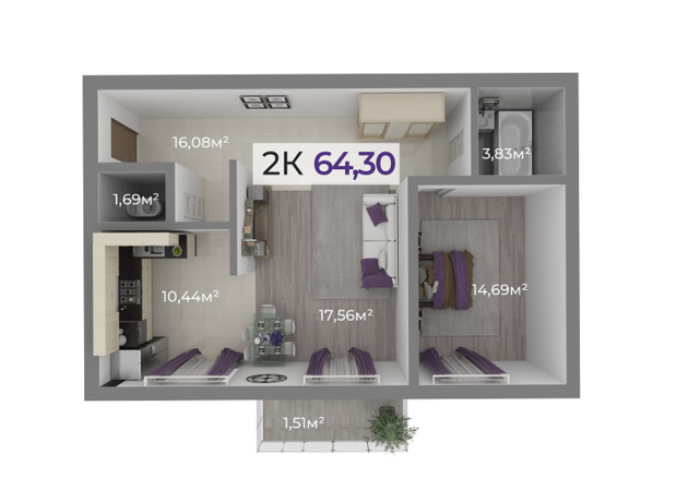 ЖК Долішній: планування 2-кімнатної квартири 64.3 м²