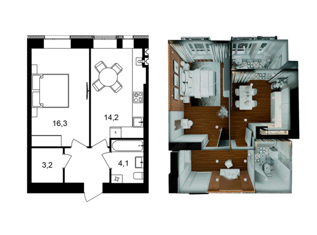 ЖК Forest Home: планування 1-кімнатної квартири 42.3 м²