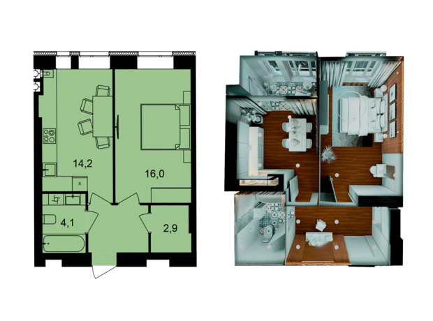 ЖК Forest Home: планування 1-кімнатної квартири 41.7 м²