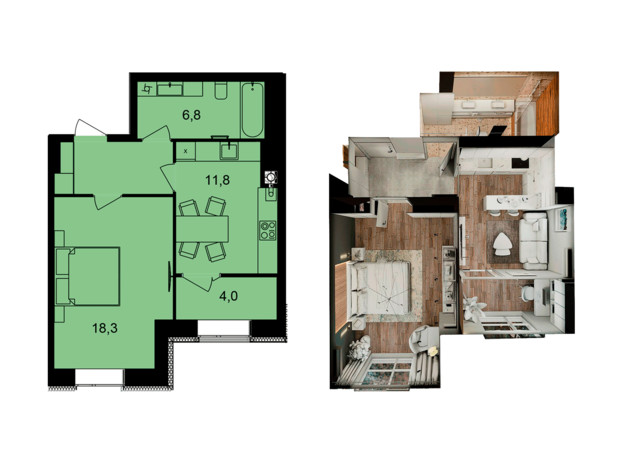 ЖК Forest Home: планування 1-кімнатної квартири 46.6 м²