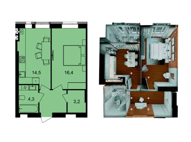 ЖК Forest Home: планування 1-кімнатної квартири 43.2 м²