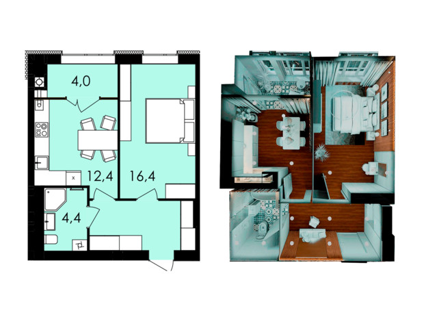 ЖК Forest Home: планування 1-кімнатної квартири 45.6 м²