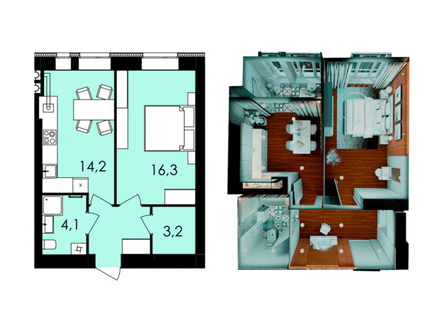 ЖК Forest Home: планування 1-кімнатної квартири 42.4 м²