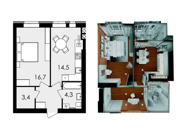 ЖК Forest Home: планування 1-кімнатної квартири 43.8 м²