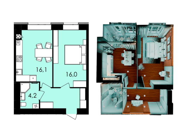 ЖК Forest Home: планування 1-кімнатної квартири 44.2 м²