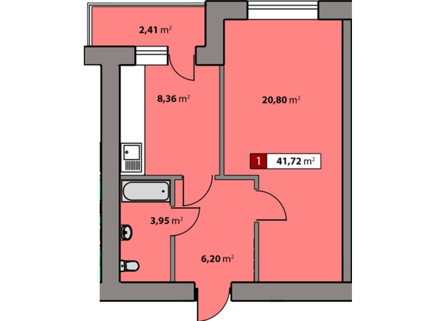 ЖК Парковый квартал: планировка 1-комнатной квартиры 41.72 м²