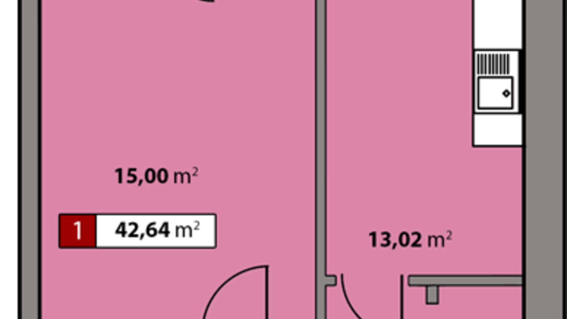 Планування 1-кімнатної квартири в ЖК Парковий квартал 42.64 м², фото 506679