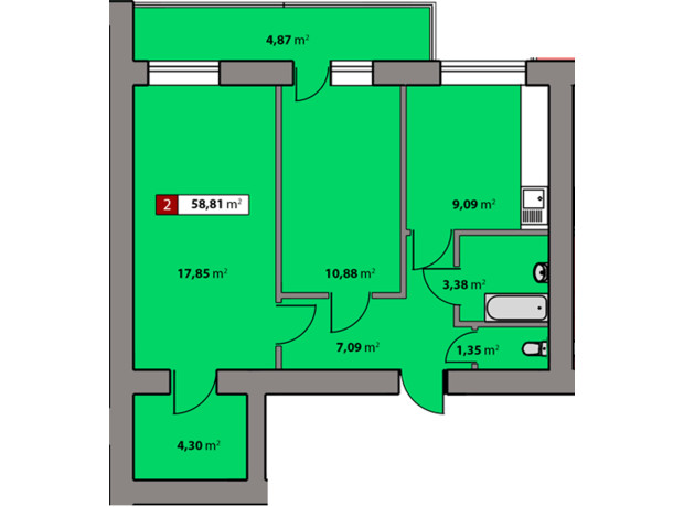 ЖК Парковый квартал: планировка 2-комнатной квартиры 58.81 м²