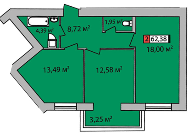 ЖК Парковый квартал: планировка 2-комнатной квартиры 62.38 м²