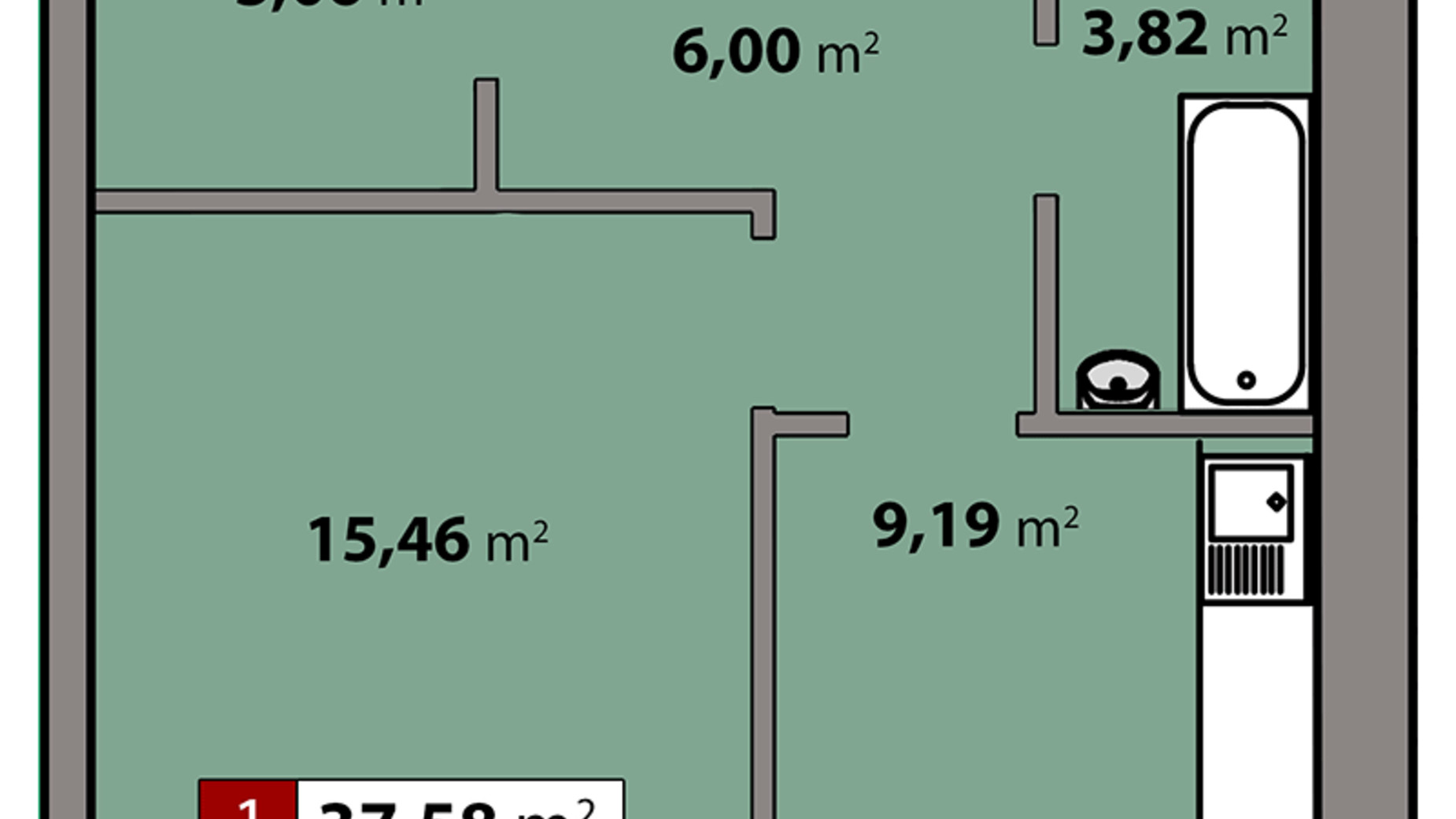 Планування 1-кімнатної квартири в ЖК Парковий квартал 37.58 м², фото 506736