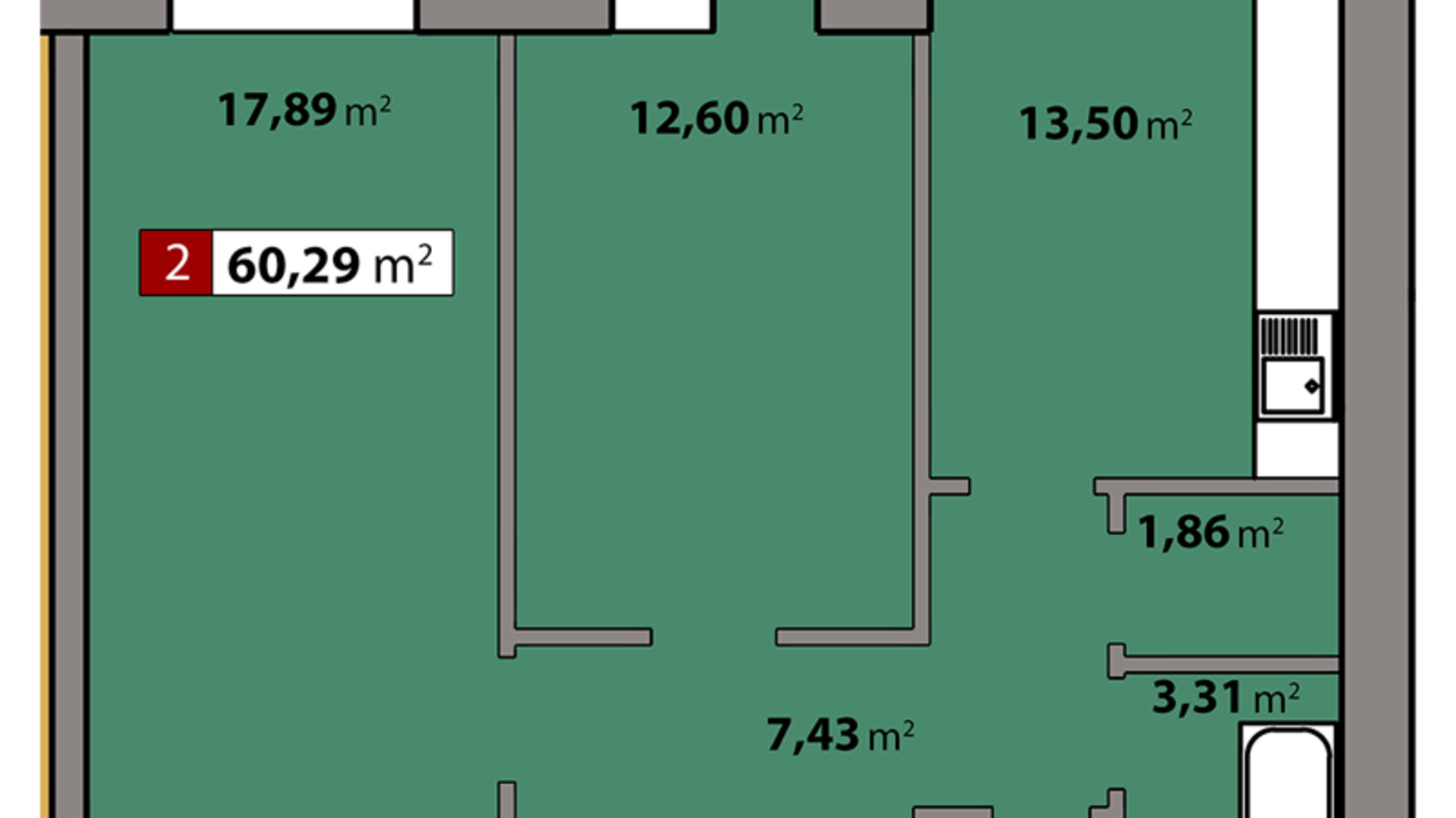 Планировка 2-комнатной квартиры в ЖК Парковый квартал 60.29 м², фото 506737