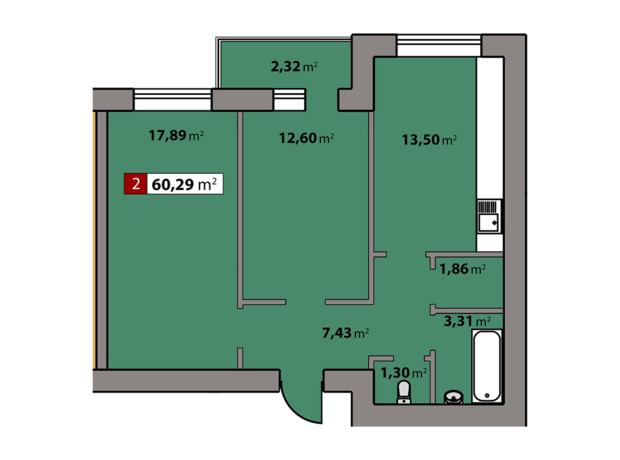 ЖК Парковий квартал: планування 2-кімнатної квартири 60.29 м²