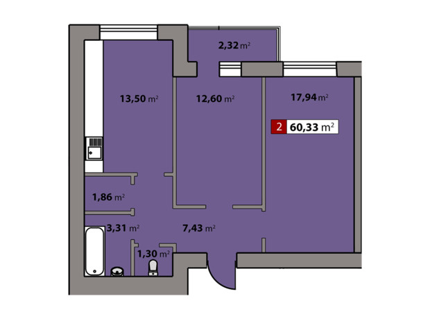 ЖК Парковый квартал: планировка 2-комнатной квартиры 60.33 м²