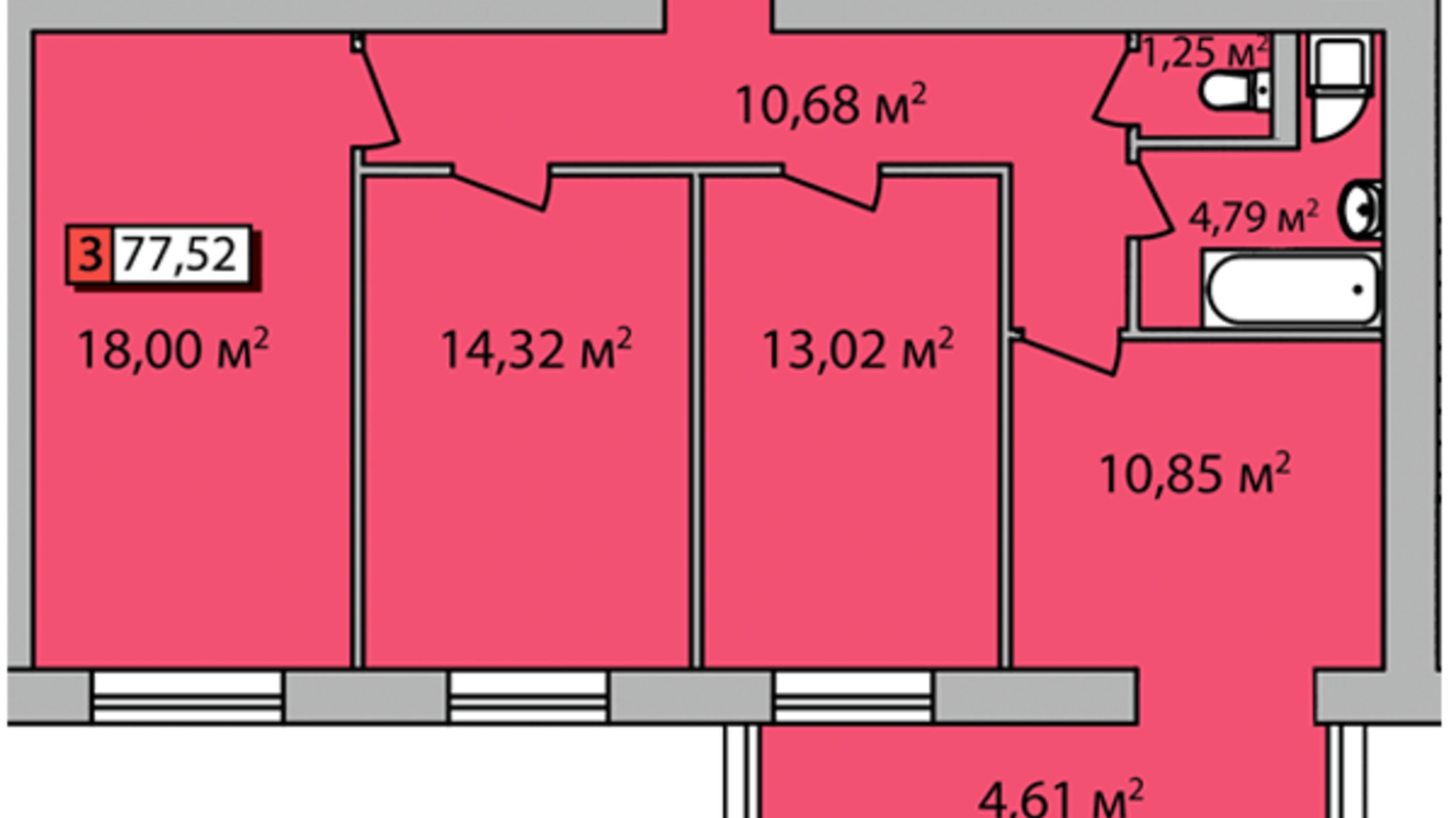 Планування 3-кімнатної квартири в ЖК Парковий квартал 77.52 м², фото 506740