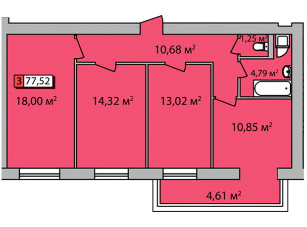 ЖК Парковый квартал: планировка 3-комнатной квартиры 77.52 м²