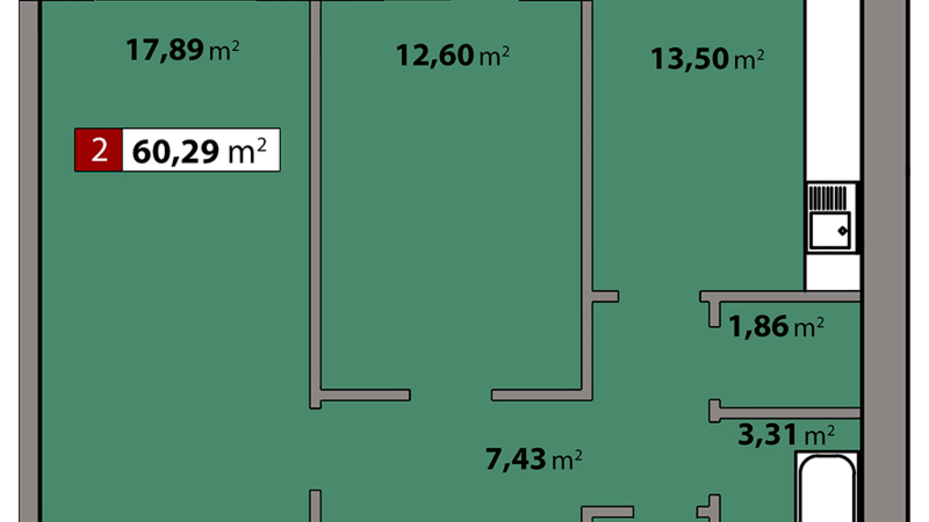 Планування 2-кімнатної квартири в ЖК Парковий квартал 60.29 м², фото 506742