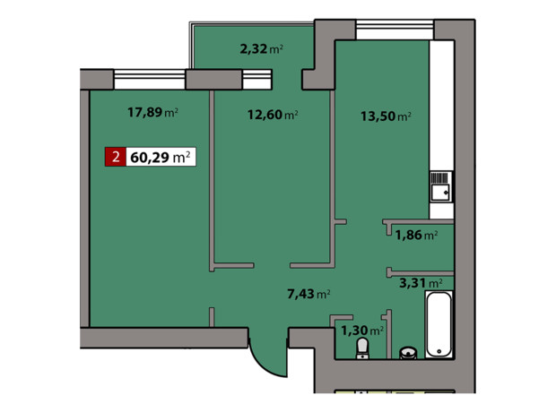 ЖК Парковый квартал: планировка 2-комнатной квартиры 60.29 м²