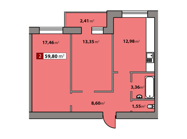 ЖК Парковый квартал: планировка 2-комнатной квартиры 59.8 м²