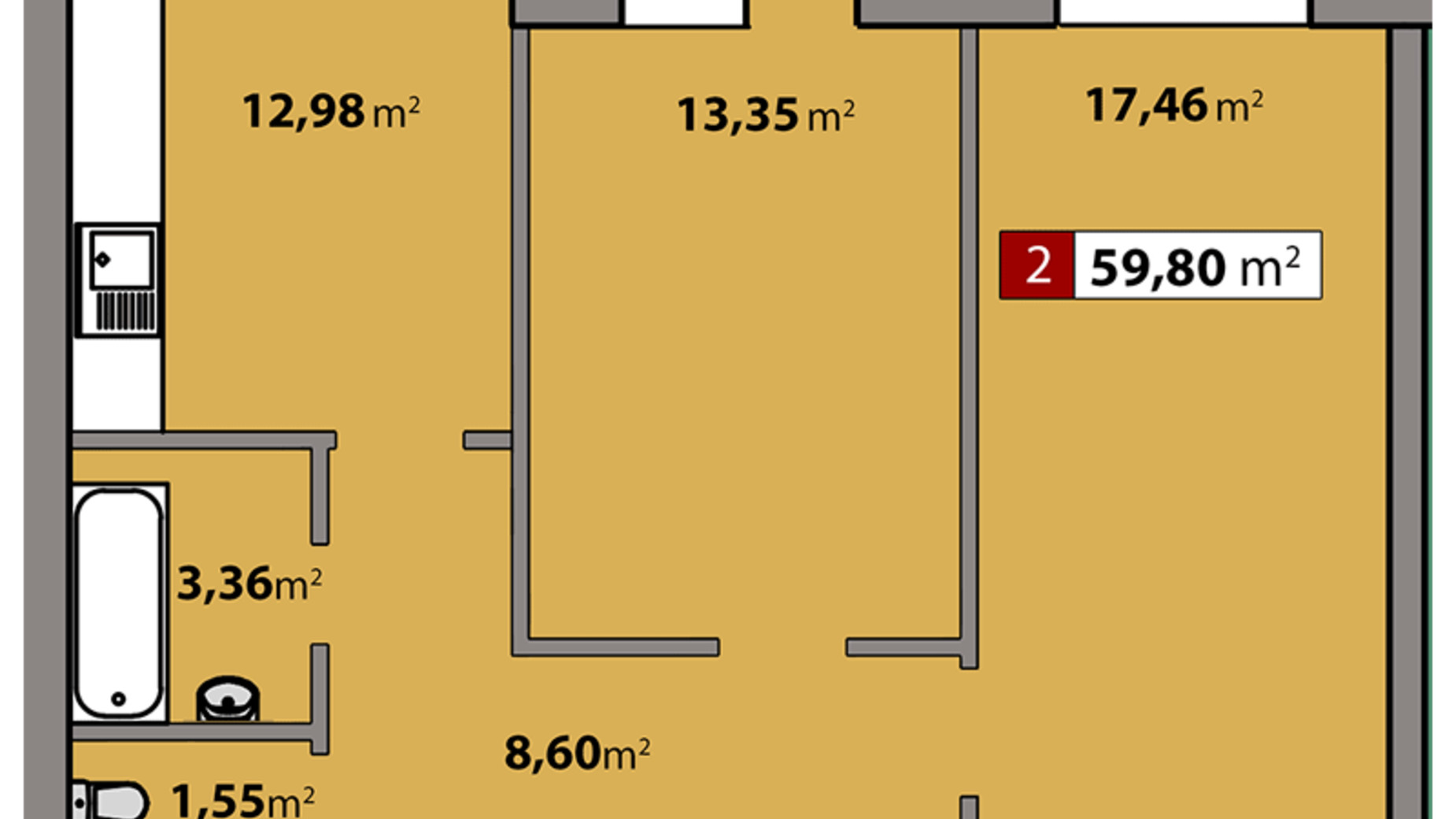 Планування 2-кімнатної квартири в ЖК Парковий квартал 59.8 м², фото 506744