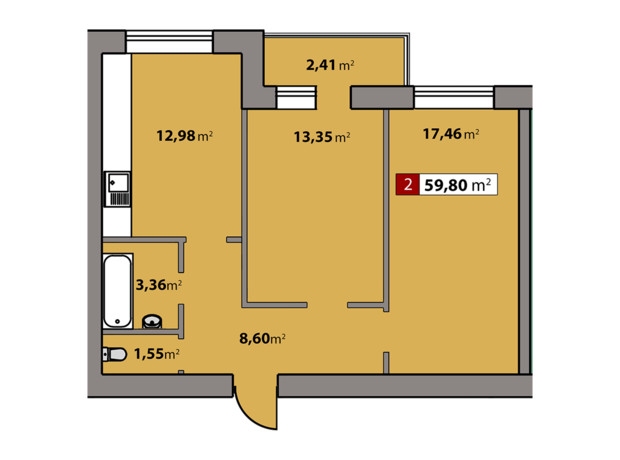 ЖК Парковый квартал: планировка 2-комнатной квартиры 59.8 м²