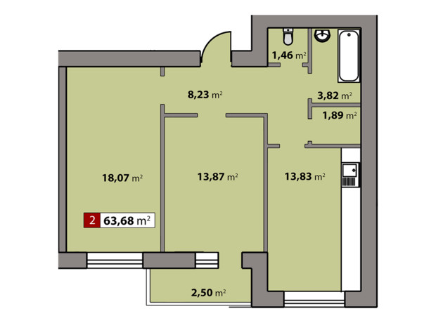 ЖК Парковый квартал: планировка 2-комнатной квартиры 63.68 м²