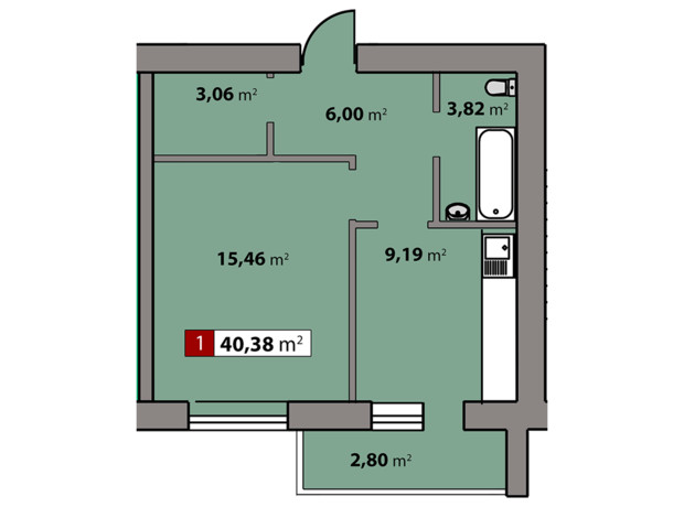 ЖК Парковый квартал: планировка 1-комнатной квартиры 40.38 м²