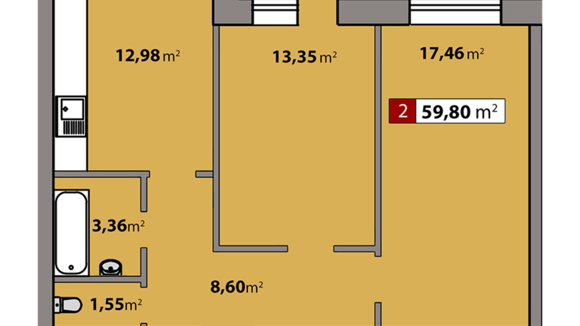 Планировка 2-комнатной квартиры в ЖК Парковый квартал 59.8 м², фото 506750