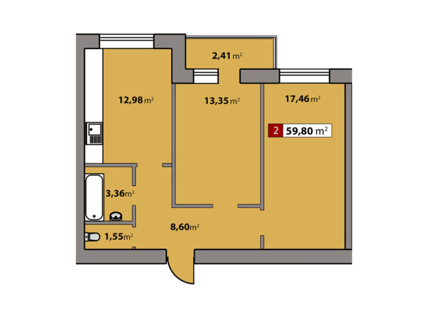 ЖК Парковый квартал: планировка 2-комнатной квартиры 59.8 м²