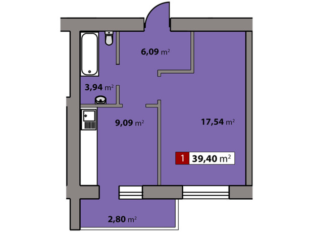 ЖК Парковый квартал: планировка 1-комнатной квартиры 39.4 м²