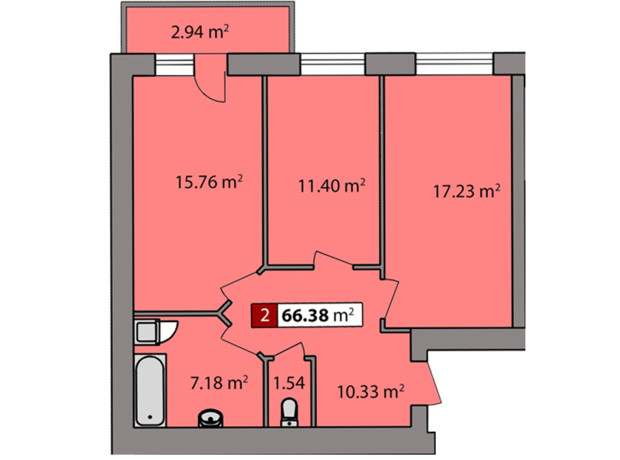 ЖК Парковый квартал: планировка 2-комнатной квартиры 66.38 м²